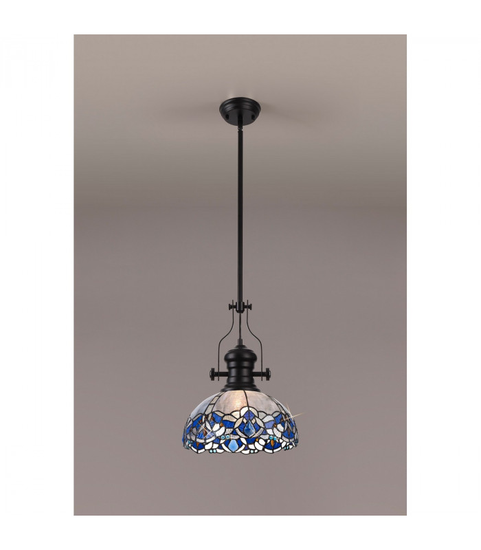 Worcester Ceiling Pendant E27 With 30cm Tiffany Shade Matt Black Blue Clear Crystal-3