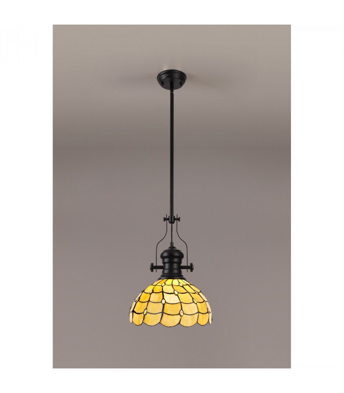 Worcester Ceiling Pendant E27 With 30cm Tiffany Shade Matt Black Beige Clear Crystal-3