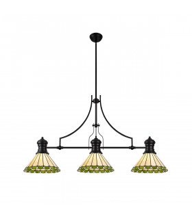 Worcester 3 Light Linear Ceiling Pendant E27 With 30cm Tiffany Shade Matt Black Green Cream Crystal-1