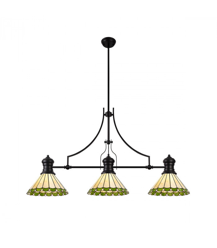 Worcester 3 Light Linear Ceiling Pendant E27 With 30cm Tiffany Shade Matt Black Green Cream Crystal-1