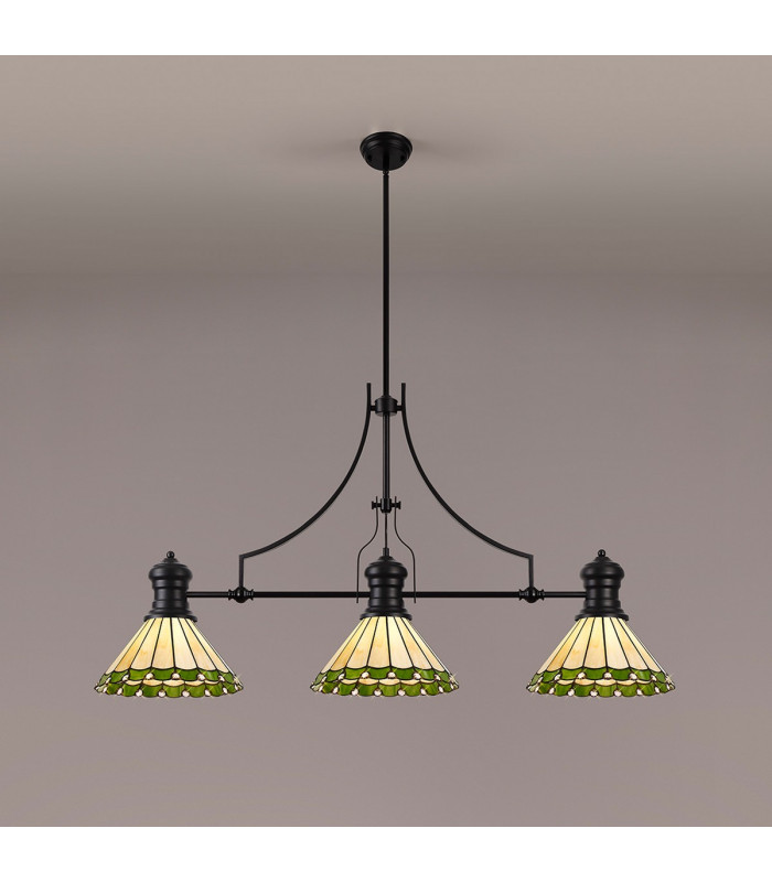 Worcester 3 Light Linear Ceiling Pendant E27 With 30cm Tiffany Shade Matt Black Green Cream Crystal-3