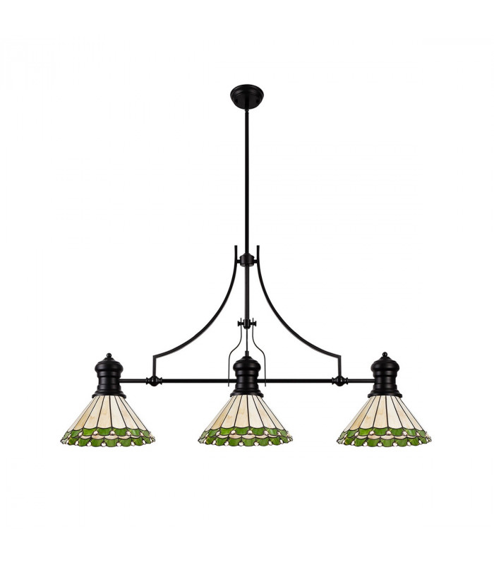 Worcester 3 Light Linear Ceiling Pendant E27 With 30cm Tiffany Shade Matt Black Green Cream Crystal-4