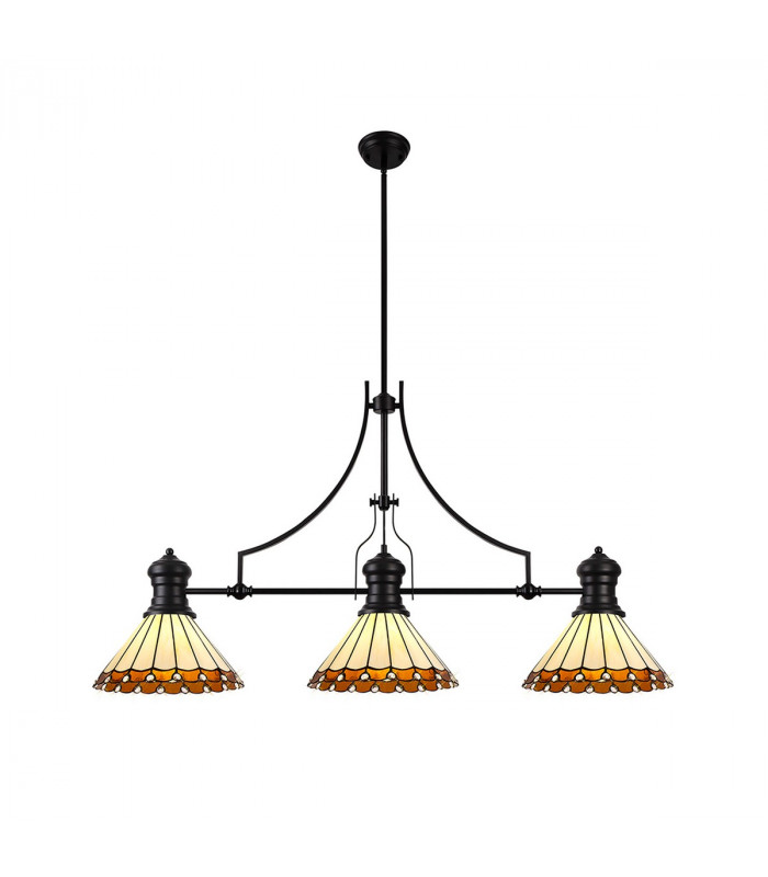 Worcester 3 Light Linear Ceiling Pendant E27 With 30cm Tiffany Shade Matt Black Amber Cream Crystal-1
