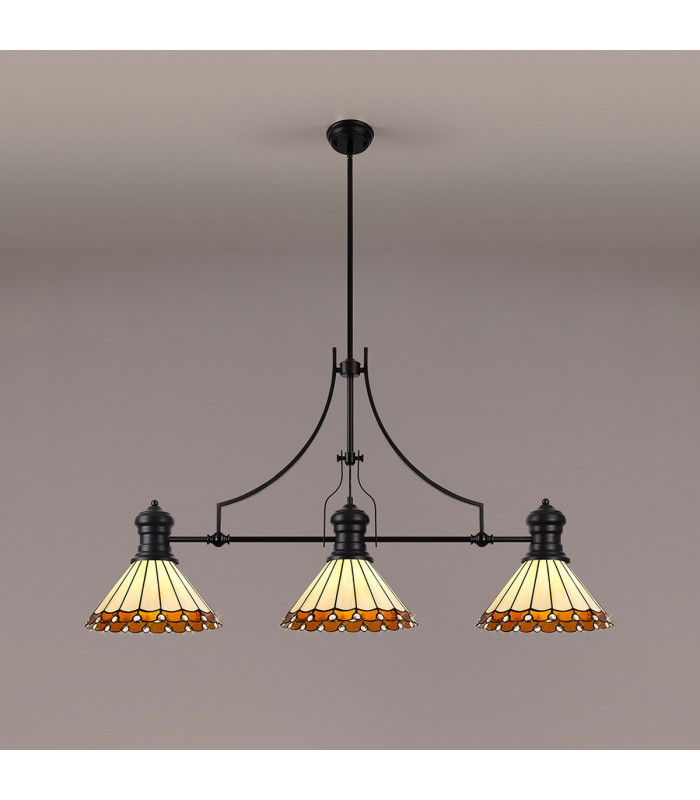 Worcester 3 Light Linear Ceiling Pendant E27 With 30cm Tiffany Shade Matt Black Amber Cream Crystal-3