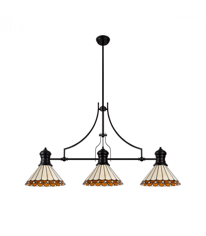Worcester 3 Light Linear Ceiling Pendant E27 With 30cm Tiffany Shade Matt Black Amber Cream Crystal-4