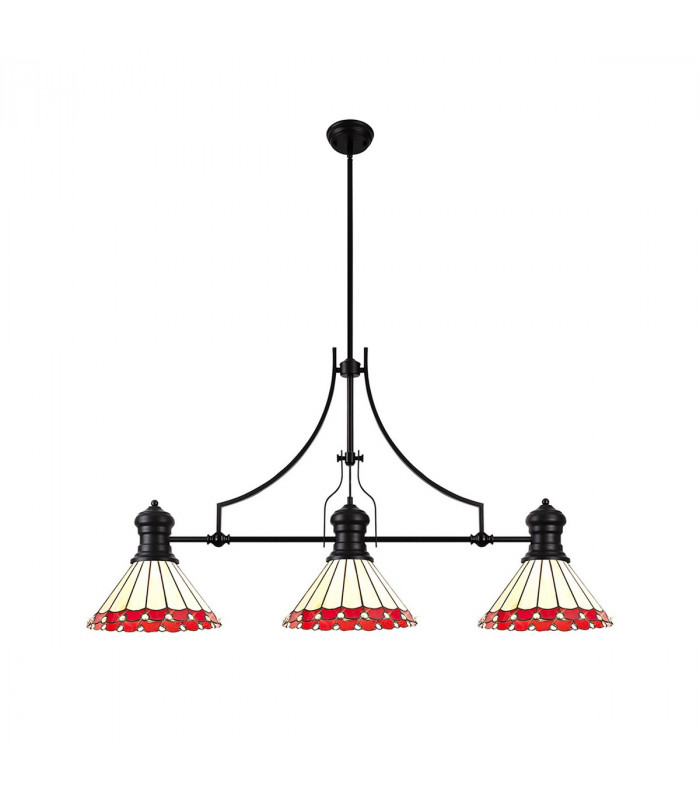 Worcester 3 Light Linear Ceiling Pendant E27 With 30cm Tiffany Shade Matt Black Red Cream Crystal-1