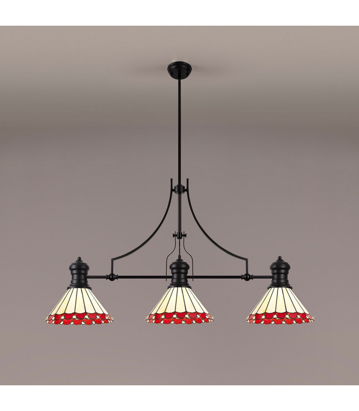 Worcester 3 Light Linear Ceiling Pendant E27 With 30cm Tiffany Shade Matt Black Red Cream Crystal-3