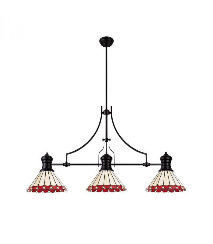 Worcester 3 Light Linear Ceiling Pendant E27 With 30cm Tiffany Shade Matt Black Red Cream Crystal-4