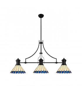 Worcester 3 Light Linear Ceiling Pendant E27 With 30cm Tiffany Shade Matt Black Blue Cream Crystal-1
