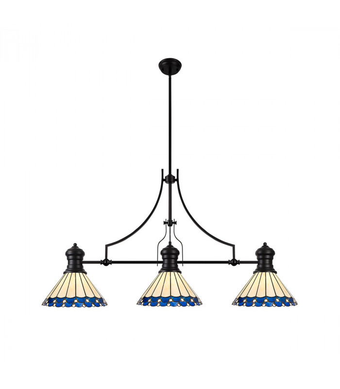 Worcester 3 Light Linear Ceiling Pendant E27 With 30cm Tiffany Shade Matt Black Blue Cream Crystal-1