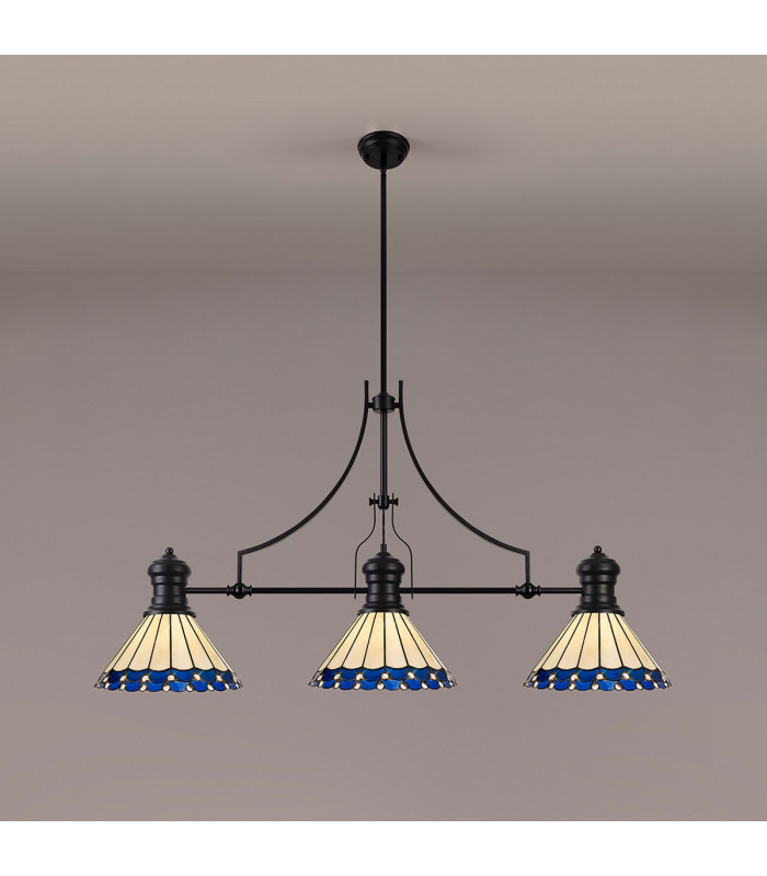 Worcester 3 Light Linear Ceiling Pendant E27 With 30cm Tiffany Shade Matt Black Blue Cream Crystal-3