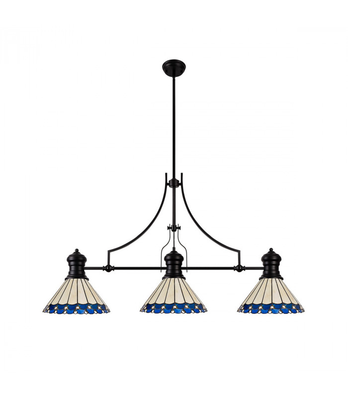 Worcester 3 Light Linear Ceiling Pendant E27 With 30cm Tiffany Shade Matt Black Blue Cream Crystal-4
