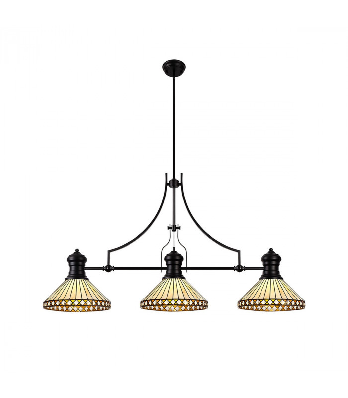 Worcester 3 Light Linear Ceiling Pendant E27 With 30cm Tiffany Shade Matt Black Amber Cream Crystal-1