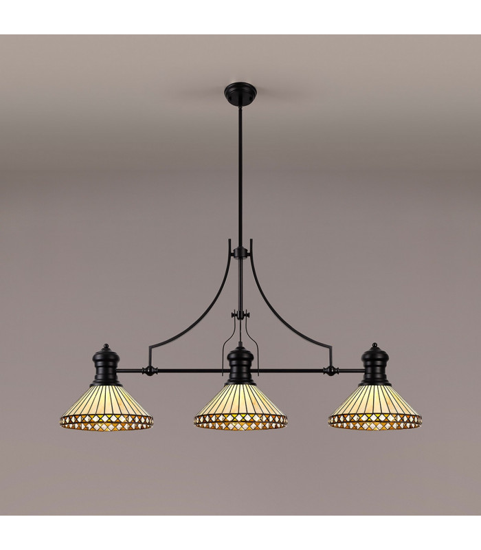 Worcester 3 Light Linear Ceiling Pendant E27 With 30cm Tiffany Shade Matt Black Amber Cream Crystal-3