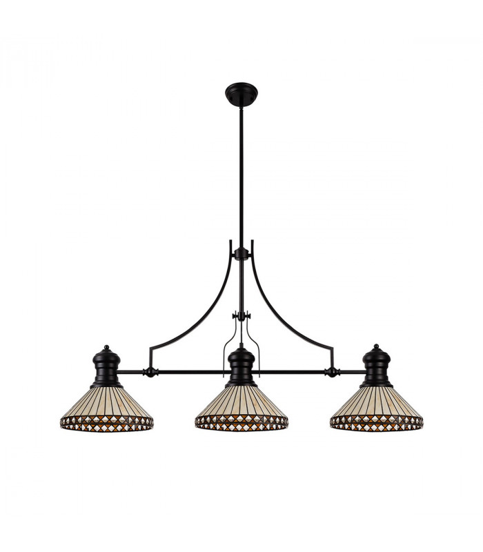 Worcester 3 Light Linear Ceiling Pendant E27 With 30cm Tiffany Shade Matt Black Amber Cream Crystal-4