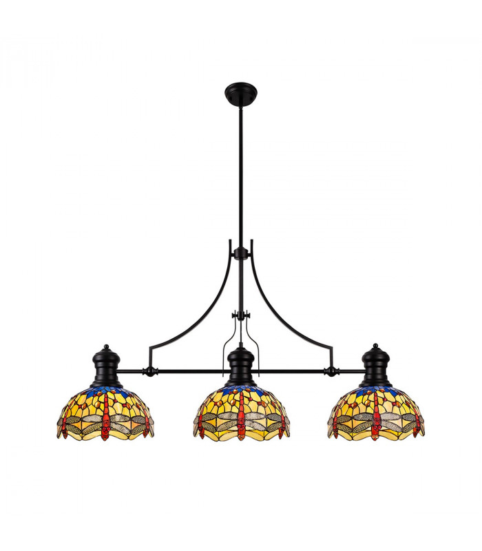 Worcester 3 Light Linear Ceiling Pendant E27 With 30cm Tiffany Shade Matt Black Blue Orange Crystal-1