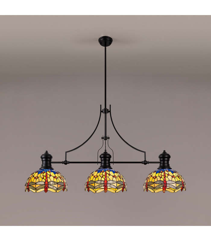 Worcester 3 Light Linear Ceiling Pendant E27 With 30cm Tiffany Shade Matt Black Blue Orange Crystal-3