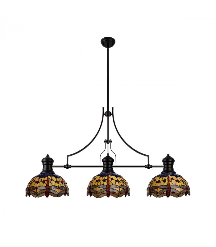 Worcester 3 Light Linear Ceiling Pendant E27 With 30cm Tiffany Shade Matt Black Blue Orange Crystal-4