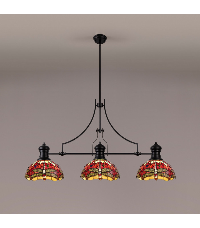 Worcester 3 Light Linear Ceiling Pendant E27 With 30cm Tiffany Shade Matt Black Purple Pink Crystal-3