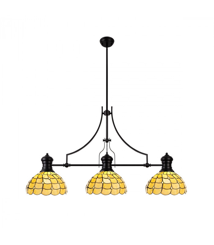 Worcester 3 Light Linear Ceiling Pendant E27 With 30cm Tiffany Shade Matt Black Beige Clear Crystal-1