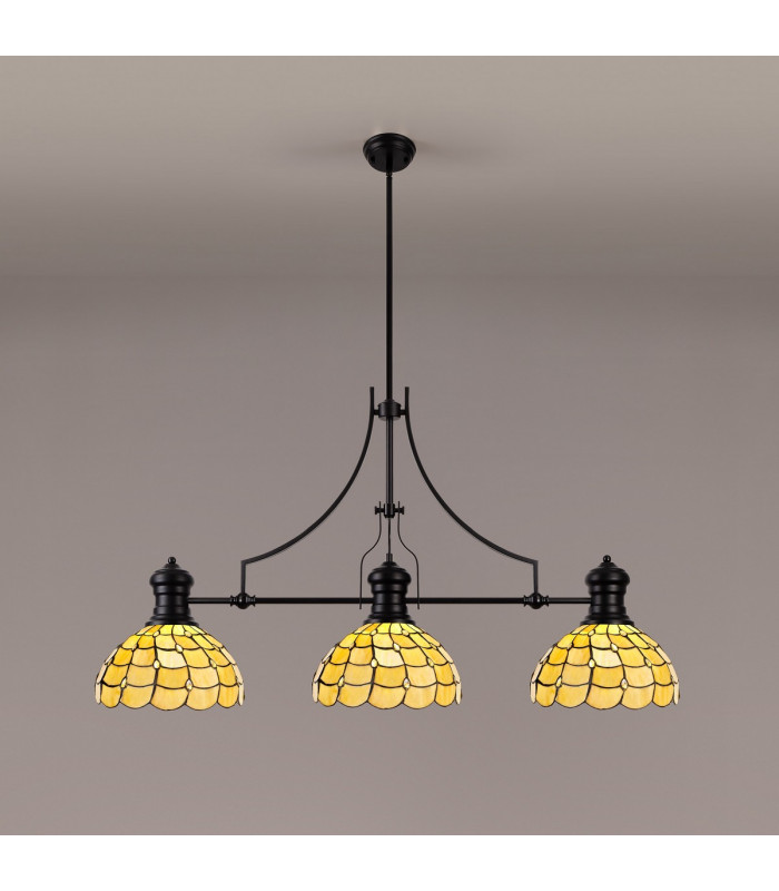Worcester 3 Light Linear Ceiling Pendant E27 With 30cm Tiffany Shade Matt Black Beige Clear Crystal-3