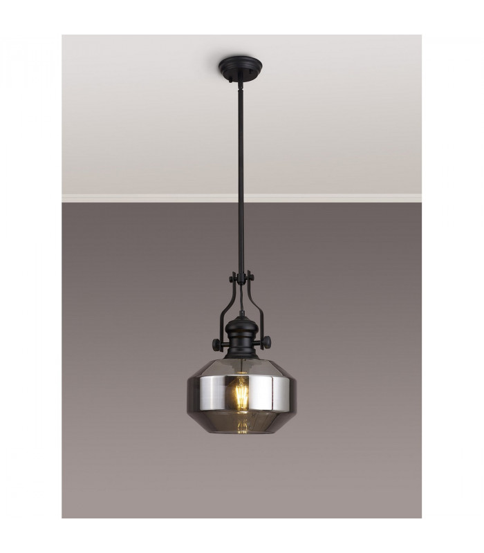 Worcester Single Ceiling Pendant E27 Round Champfered Glass Matt Black Smoke-3