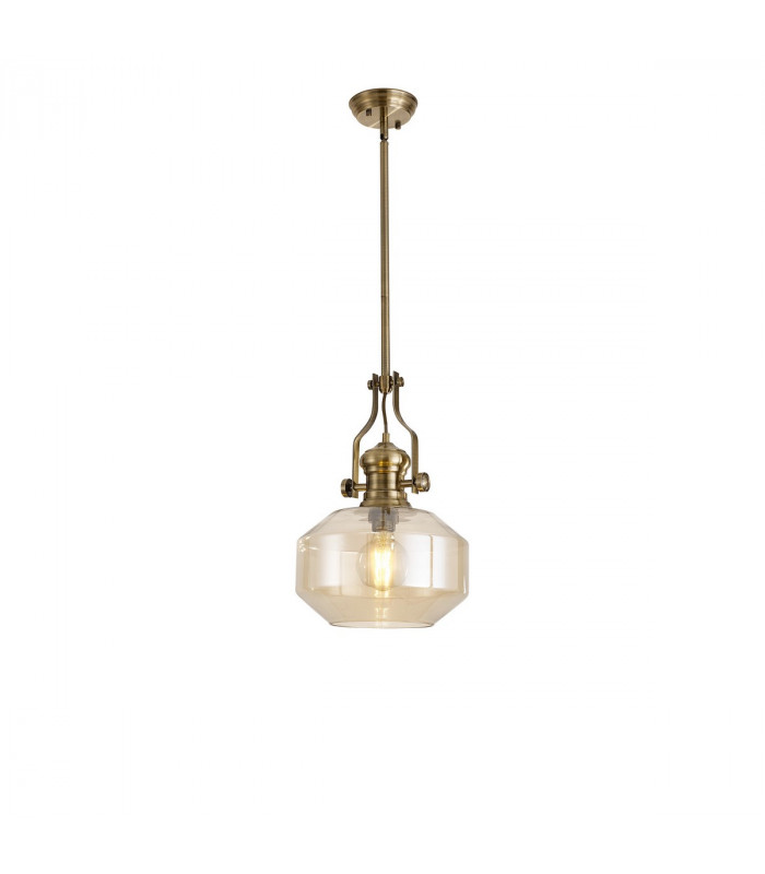 Worcester Single Ceiling Pendant E27 Round Champfered Glass Antique Brass Cognac-1
