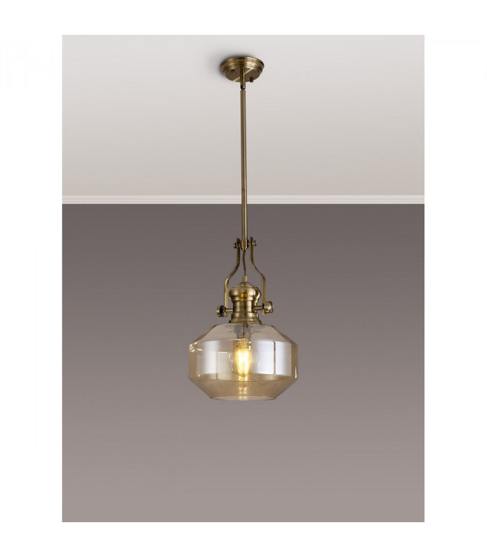 Worcester Single Ceiling Pendant E27 Round Champfered Glass Antique Brass Cognac-3