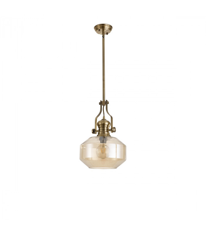Worcester Single Ceiling Pendant E27 Round Champfered Glass Antique Brass Cognac-4