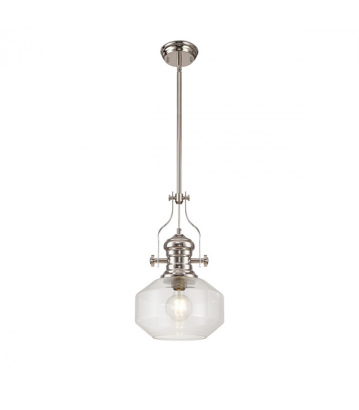 Worcester Single Ceiling Pendant E27 Round Champfered Glass Polished Nickel Clear-1