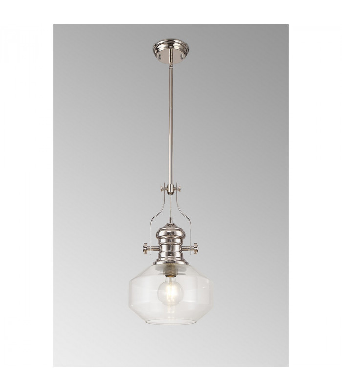 Worcester Single Ceiling Pendant E27 Round Champfered Glass Polished Nickel Clear-3