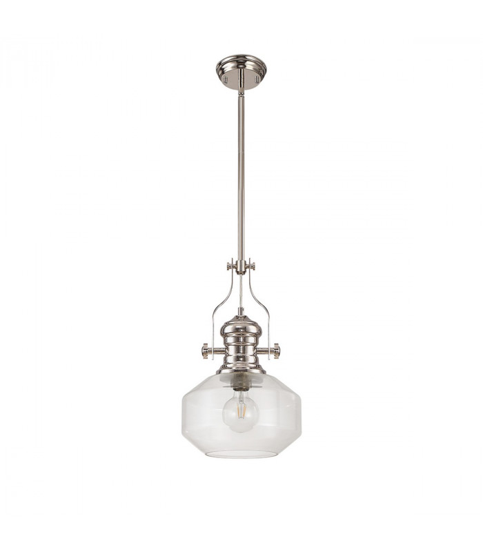 Worcester Single Ceiling Pendant E27 Round Champfered Glass Polished Nickel Clear-4