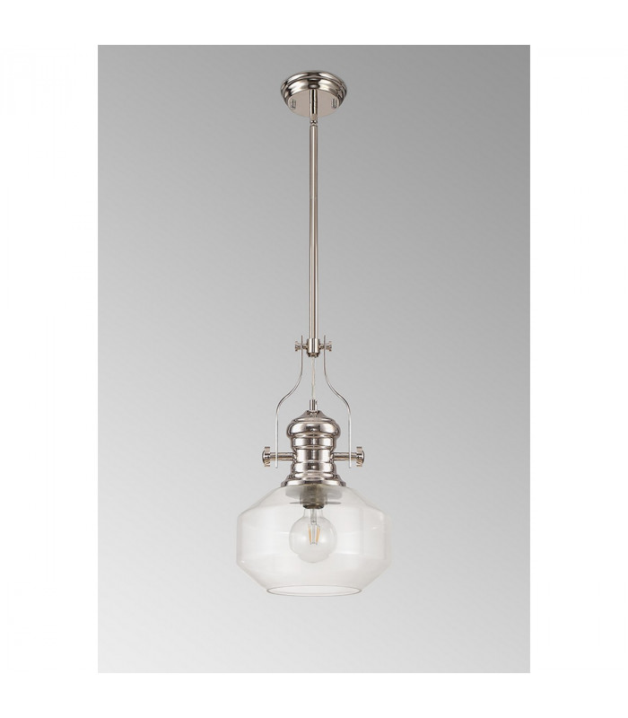 Worcester Single Ceiling Pendant E27 Round Champfered Glass Polished Nickel Clear-10