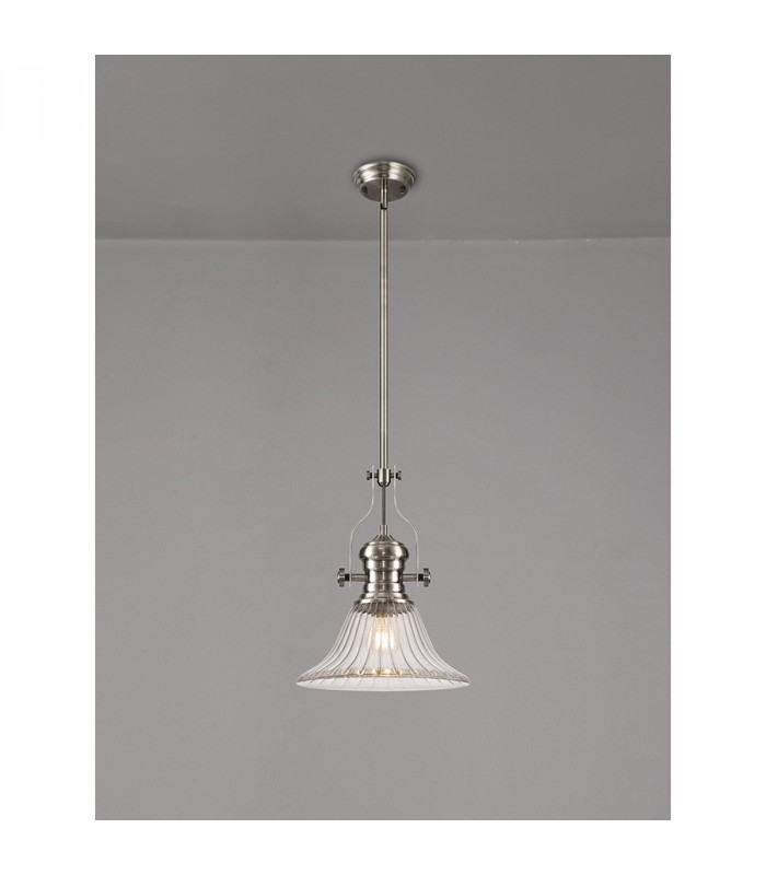 Worcester Single Ceiling Pendant E27 30cm Bell Glass Satin Nickel Clear-3