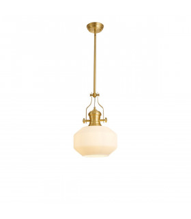 Worcester Single Ceiling Pendant E27 Round Champfered Glass Satin Gold Opal-1