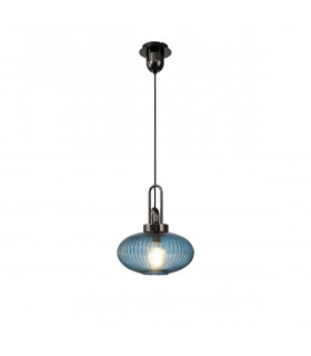 Yorktown E27 Ceiling Pendant With 30cm Oval Sphere Ribbed Glass Black Chrome Petrol Blue Matt Black-1