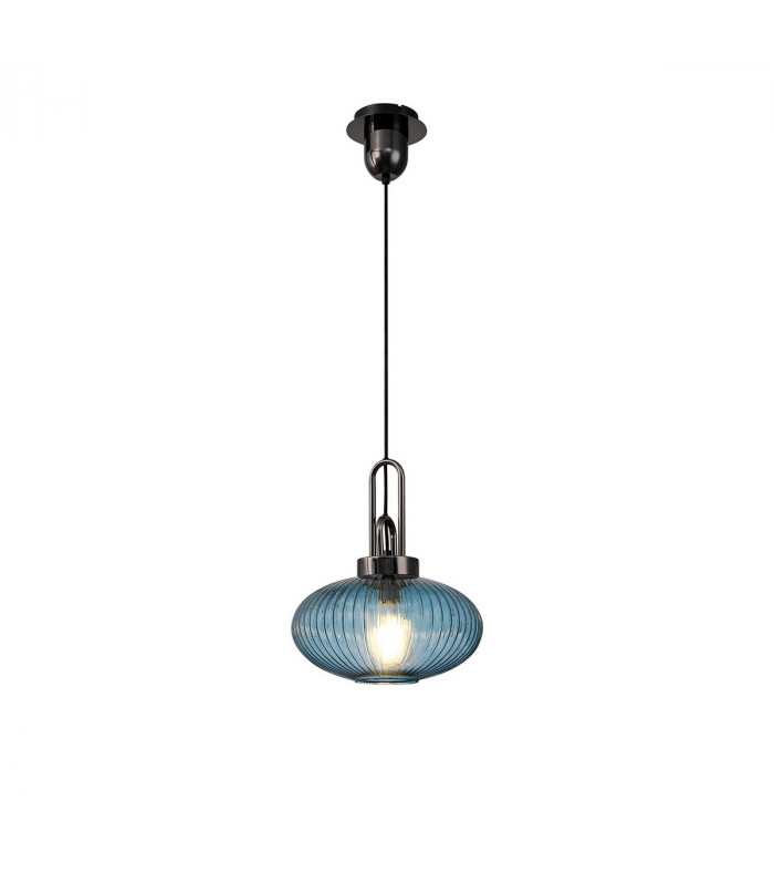 Yorktown E27 Ceiling Pendant With 30cm Oval Sphere Ribbed Glass Black Chrome Petrol Blue Matt Black-1