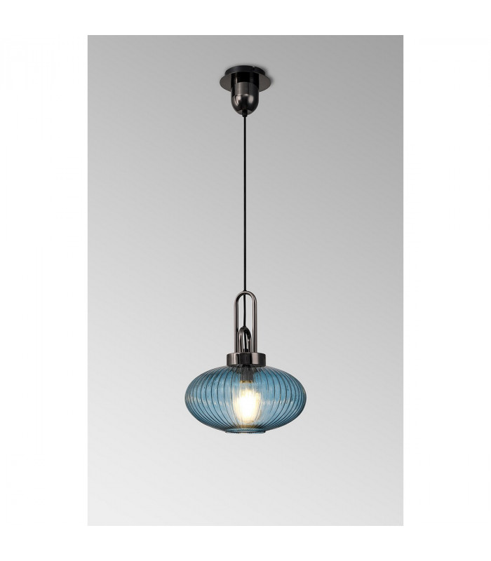Yorktown E27 Ceiling Pendant With 30cm Oval Sphere Ribbed Glass Black Chrome Petrol Blue Matt Black-3