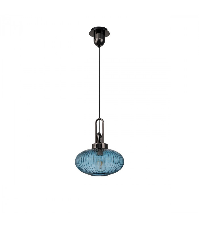 Yorktown E27 Ceiling Pendant With 30cm Oval Sphere Ribbed Glass Black Chrome Petrol Blue Matt Black-4