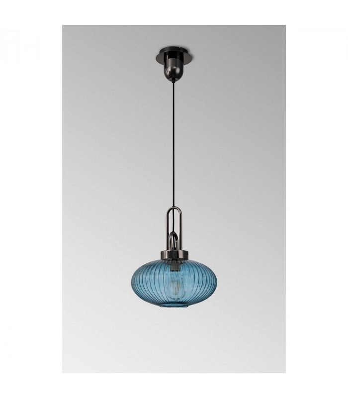 Yorktown E27 Ceiling Pendant With 30cm Oval Sphere Ribbed Glass Black Chrome Petrol Blue Matt Black-10
