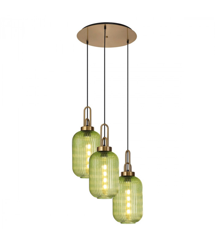 Yorktown 2m Round Ceiling Pendant 3 Light E27 With 20cm Tubular Ribbed Glass Brass Gold Green Matt Black-1