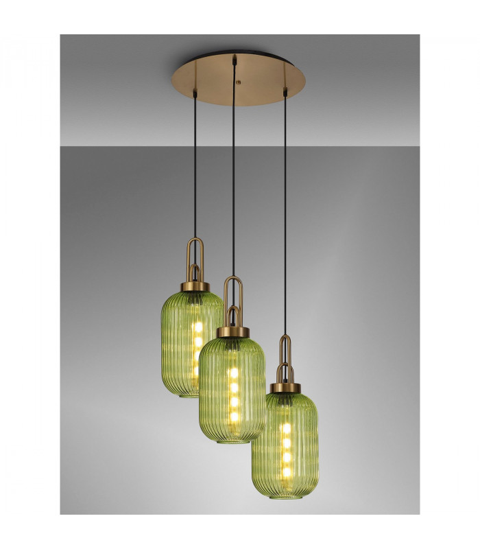 Yorktown 2m Round Ceiling Pendant 3 Light E27 With 20cm Tubular Ribbed Glass Brass Gold Green Matt Black-3