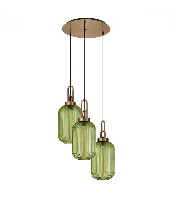 Yorktown 2m Round Ceiling Pendant 3 Light E27 With 20cm Tubular Ribbed Glass Brass Gold Green Matt Black-4