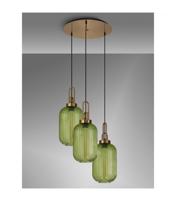 Yorktown 2m Round Ceiling Pendant 3 Light E27 With 20cm Tubular Ribbed Glass Brass Gold Green Matt Black-9