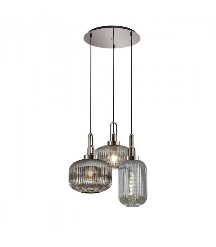 Yorktown 2m Round Ceiling Pendant 3 Light E27 With Various Glasses Polished Nickel Smoked Matt Black-1