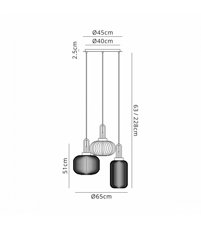 Yorktown 2m Round Ceiling Pendant 3 Light E27 With Various Glasses Polished Nickel Smoked Matt Black-2