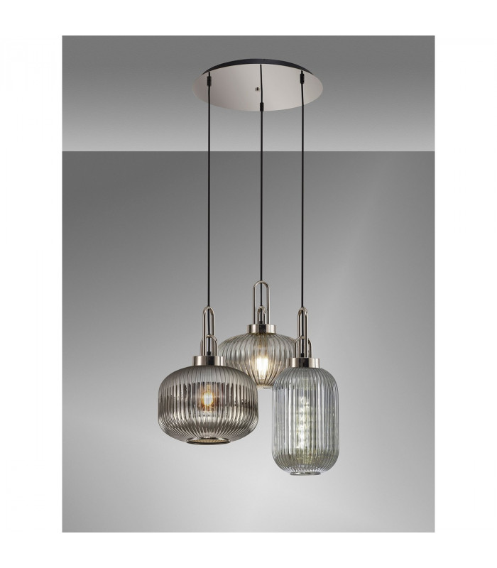 Yorktown 2m Round Ceiling Pendant 3 Light E27 With Various Glasses Polished Nickel Smoked Matt Black-3