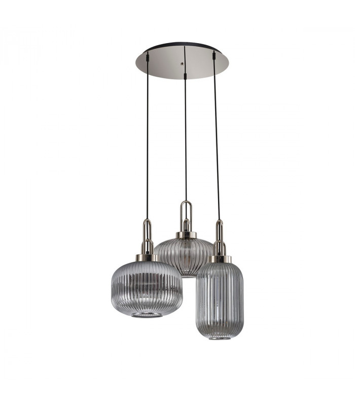 Yorktown 2m Round Ceiling Pendant 3 Light E27 With Various Glasses Polished Nickel Smoked Matt Black-4