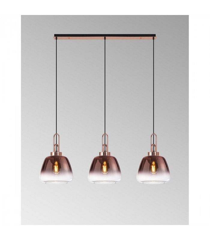 Yorktown Linear Ceiling Pendant 3 Light E27 With 28cm Trapezium Glass Copper Clear Matt Black-3