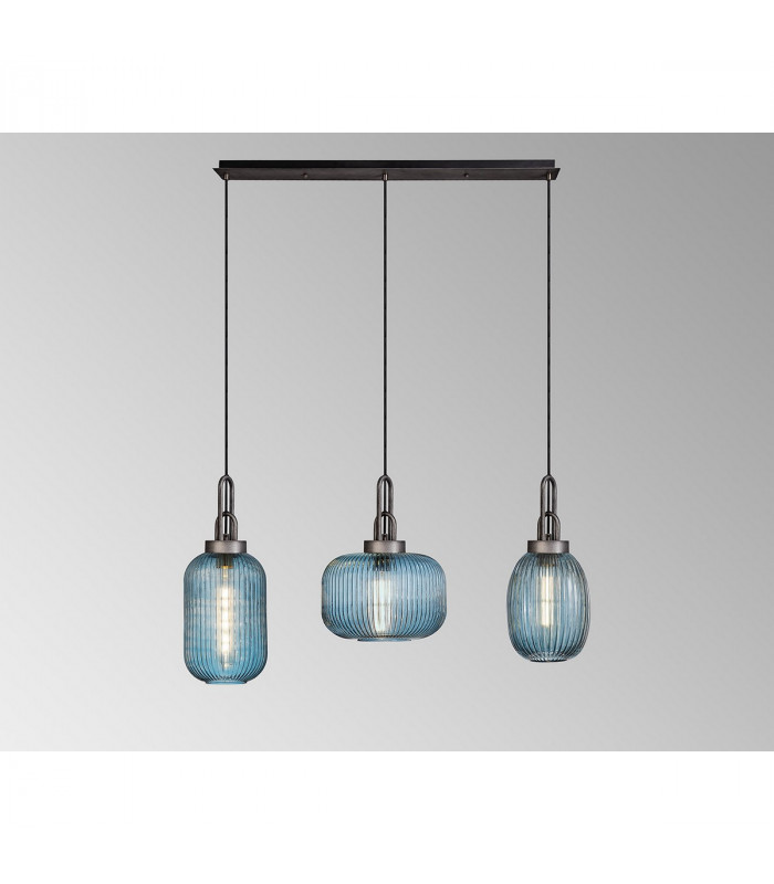Yorktown Linear Ceiling Pendant 3 Light E27 With Various Glasses Aged Pewter Petrol Blue Matt Black-3